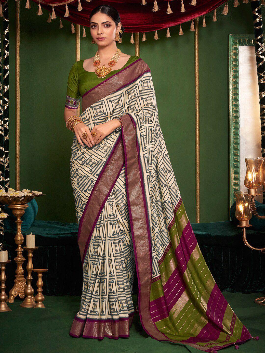 saree mall cream-coloured & purple geometric printed zari detailed sarees