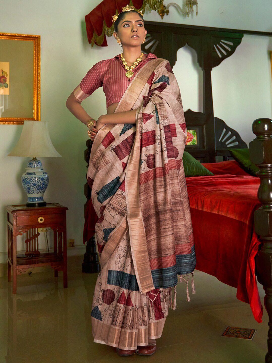 saree mall cream-coloured & red ethnic motifs zari silk blend sungudi sarees