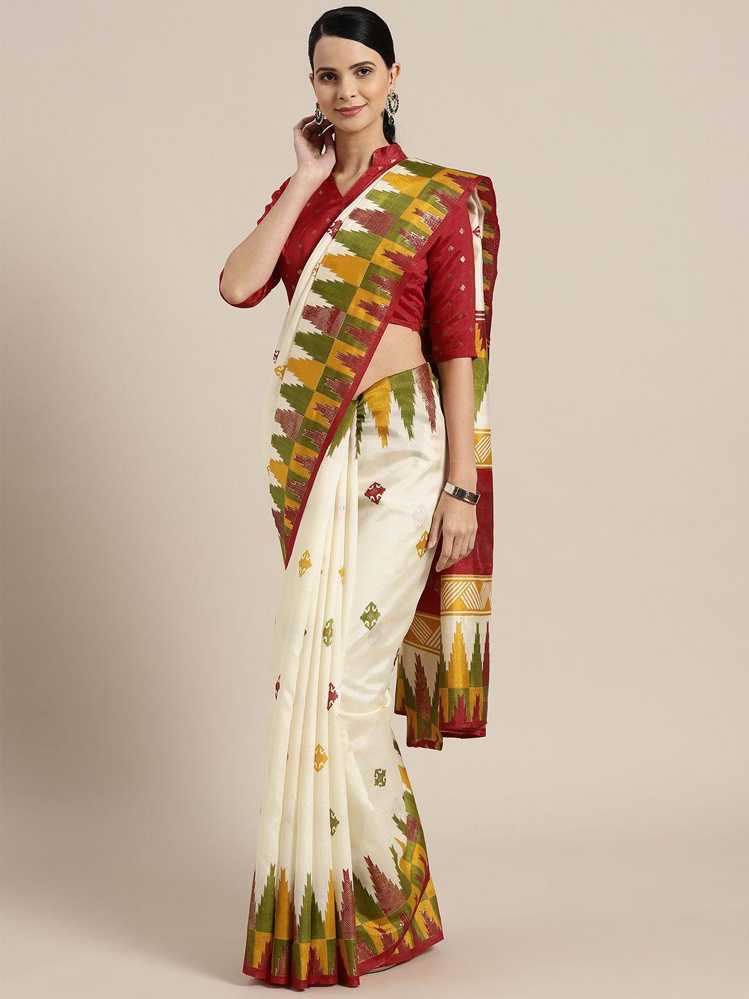 saree mall cream-coloured & red foil printed kasavu saree