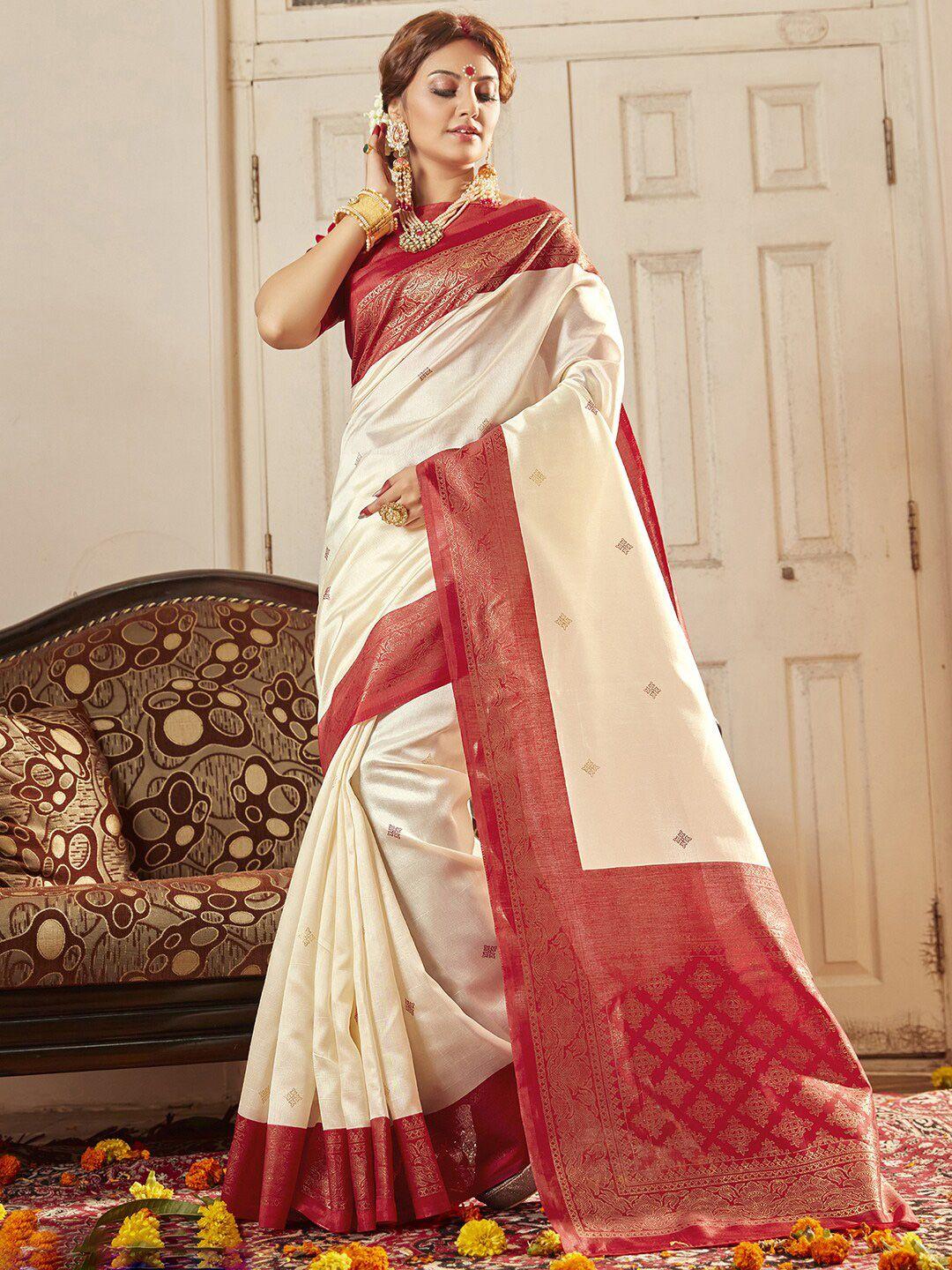 saree mall cream-coloured & red zari silk blend banarasi sarees