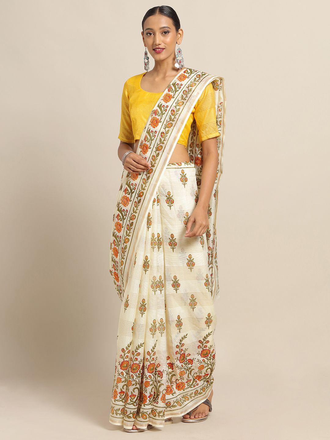 saree mall cream-coloured & yellow linen blend printed saree