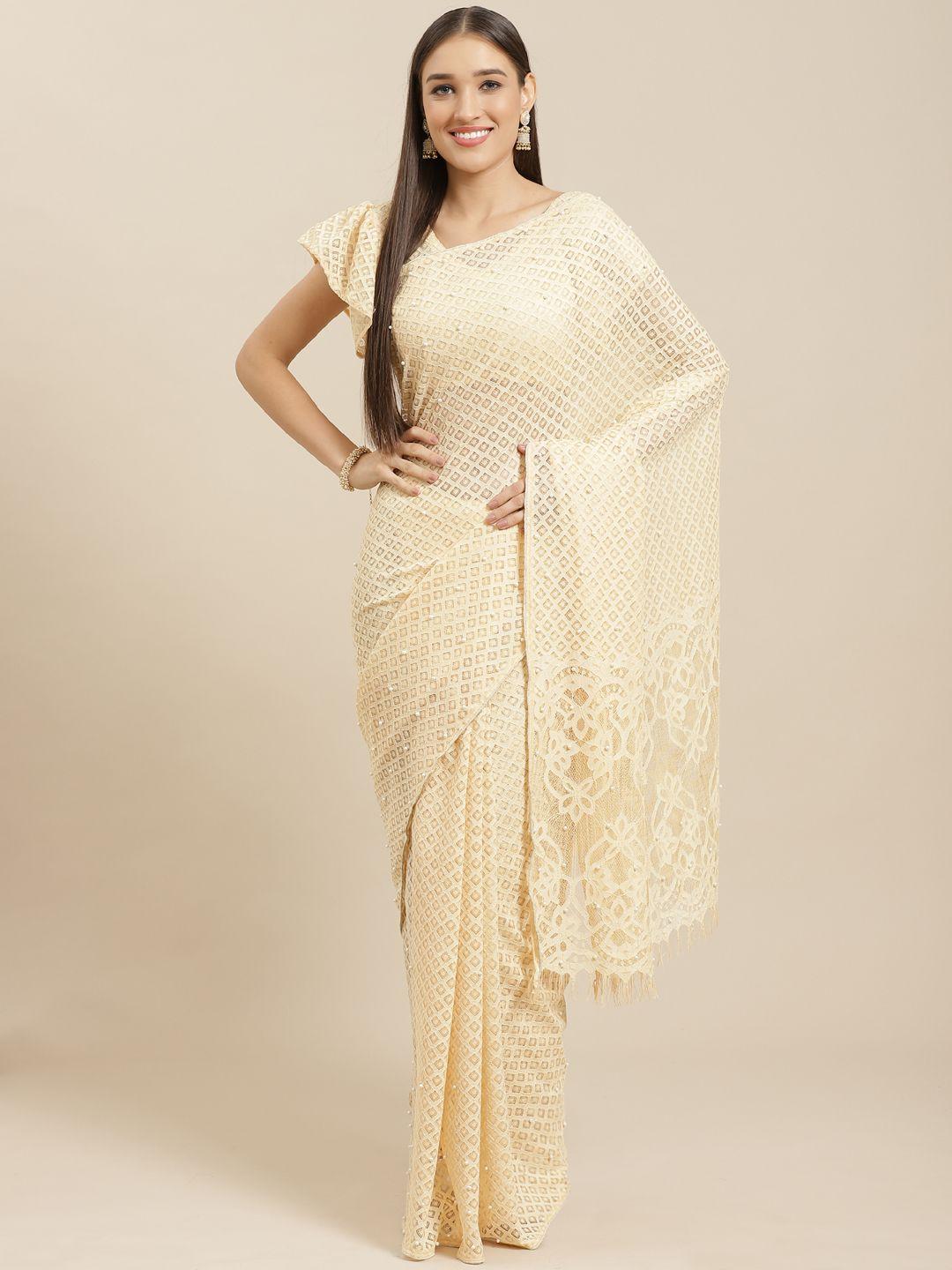 saree mall cream-coloured embellished supernet saree