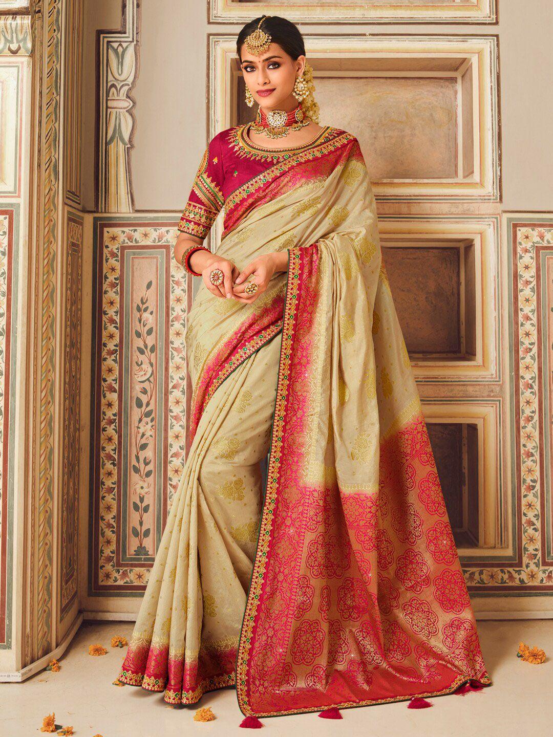 saree mall cream-coloured ethnic motifs woven design zari banarasi saree