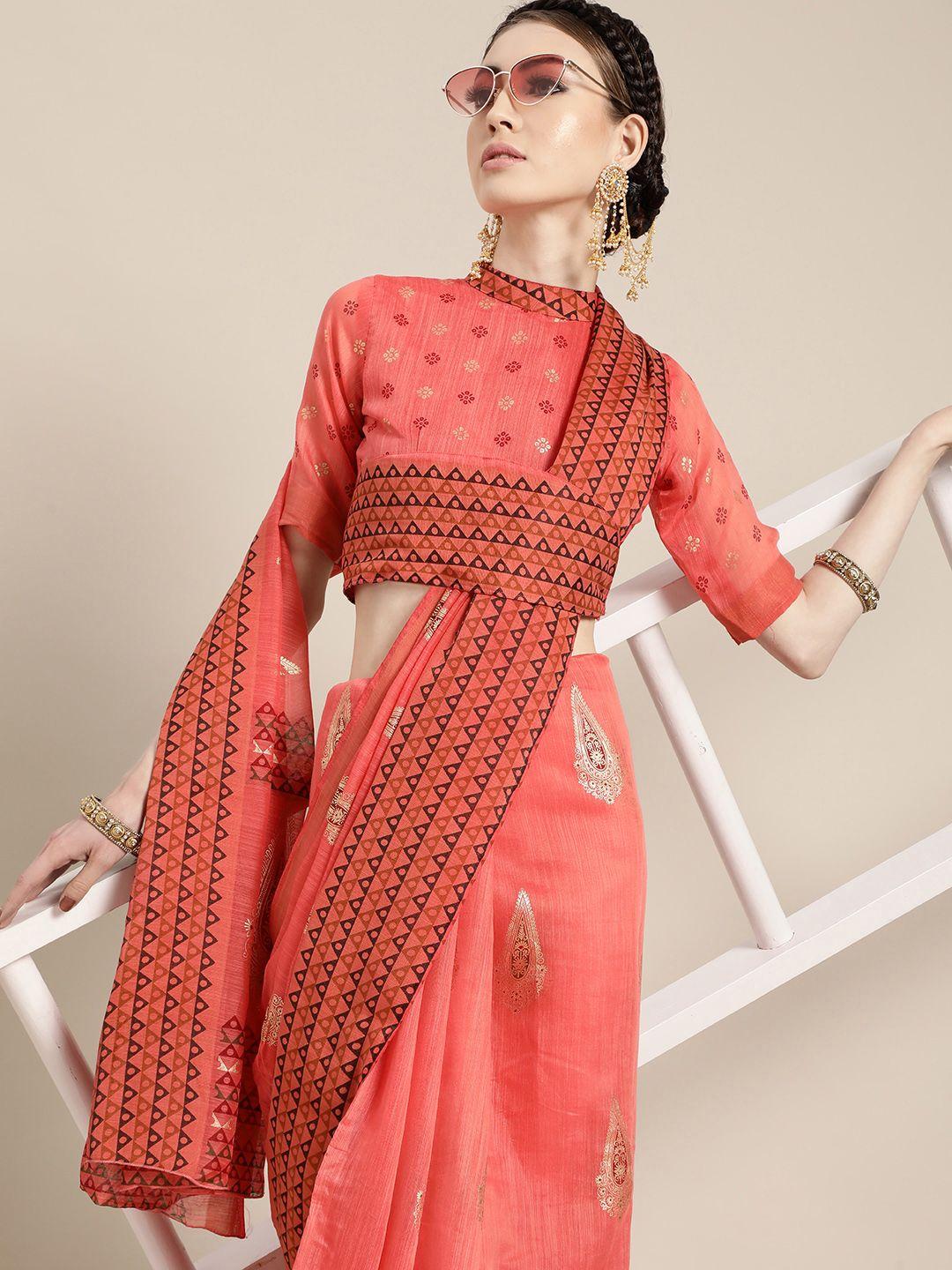 saree mall ethnic motifs linen blend saree with striped border