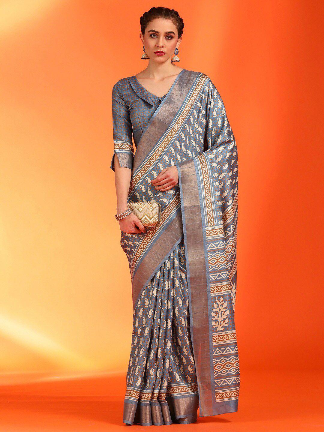 saree mall ethnic motifs printed zari silk blend dabu sarees