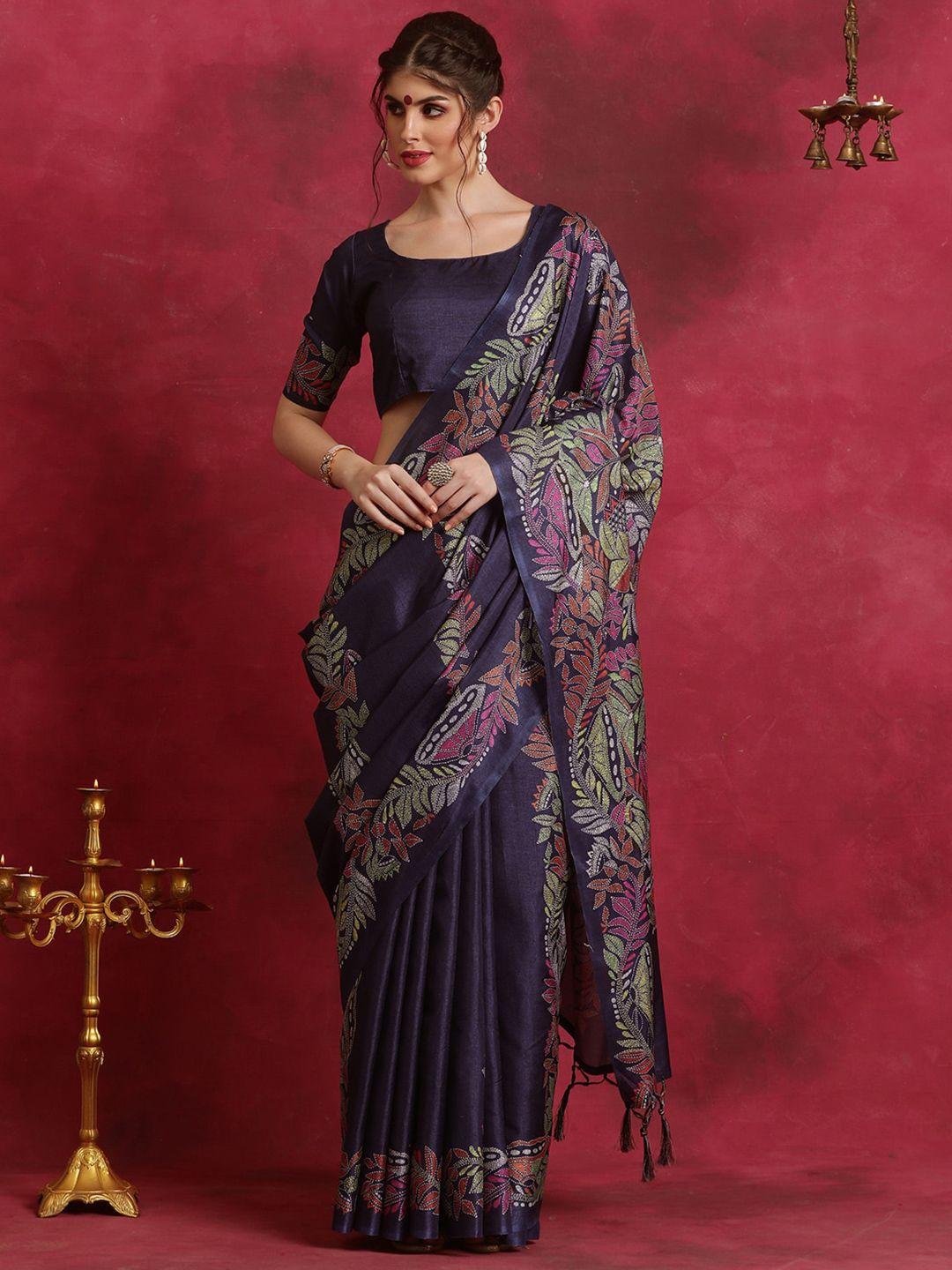 saree mall ethnic motifs silk blend block print sarees
