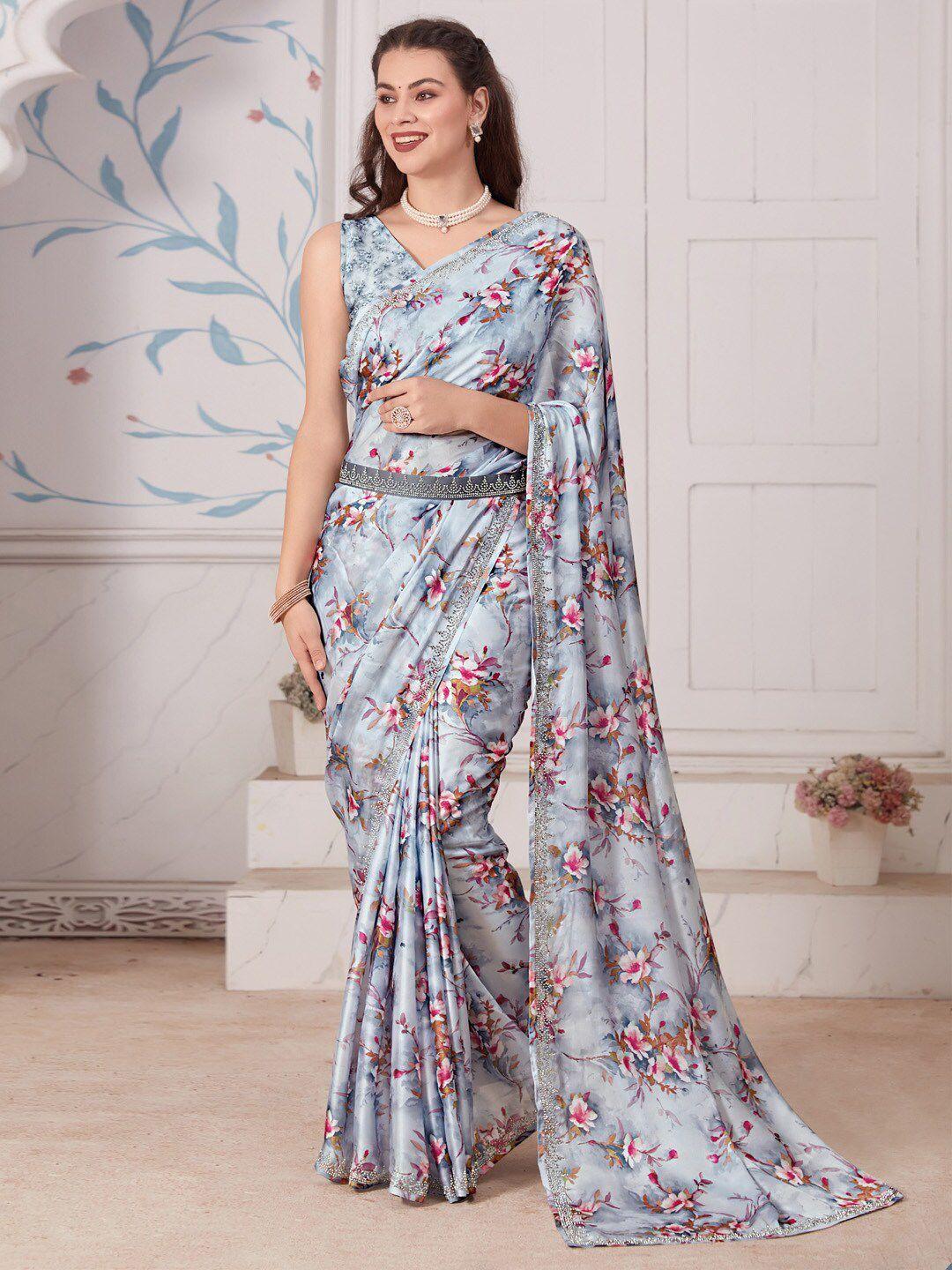 saree mall floral printed beads & stones satin silk saree