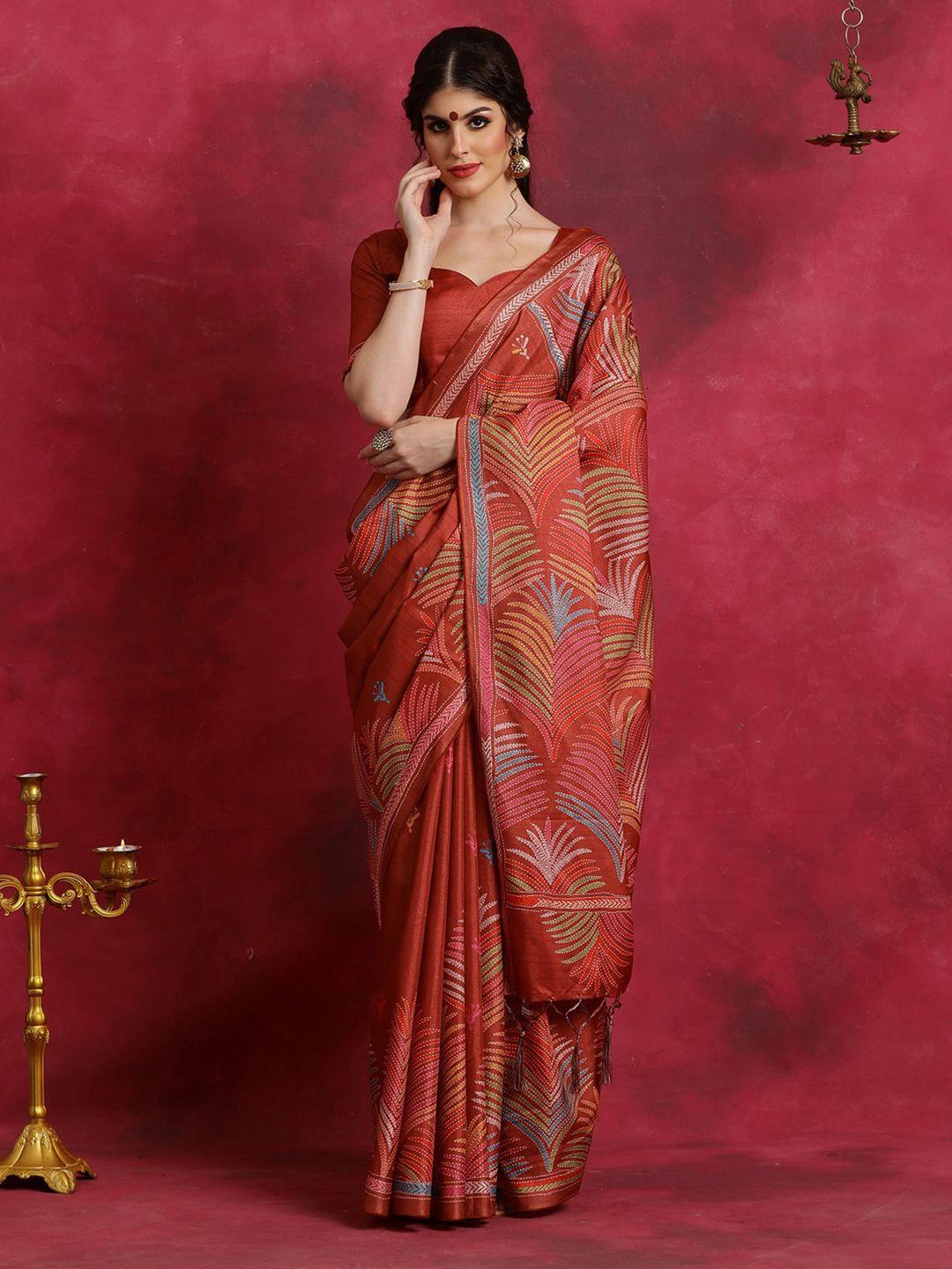 saree mall floral printed silk blend block print sarees