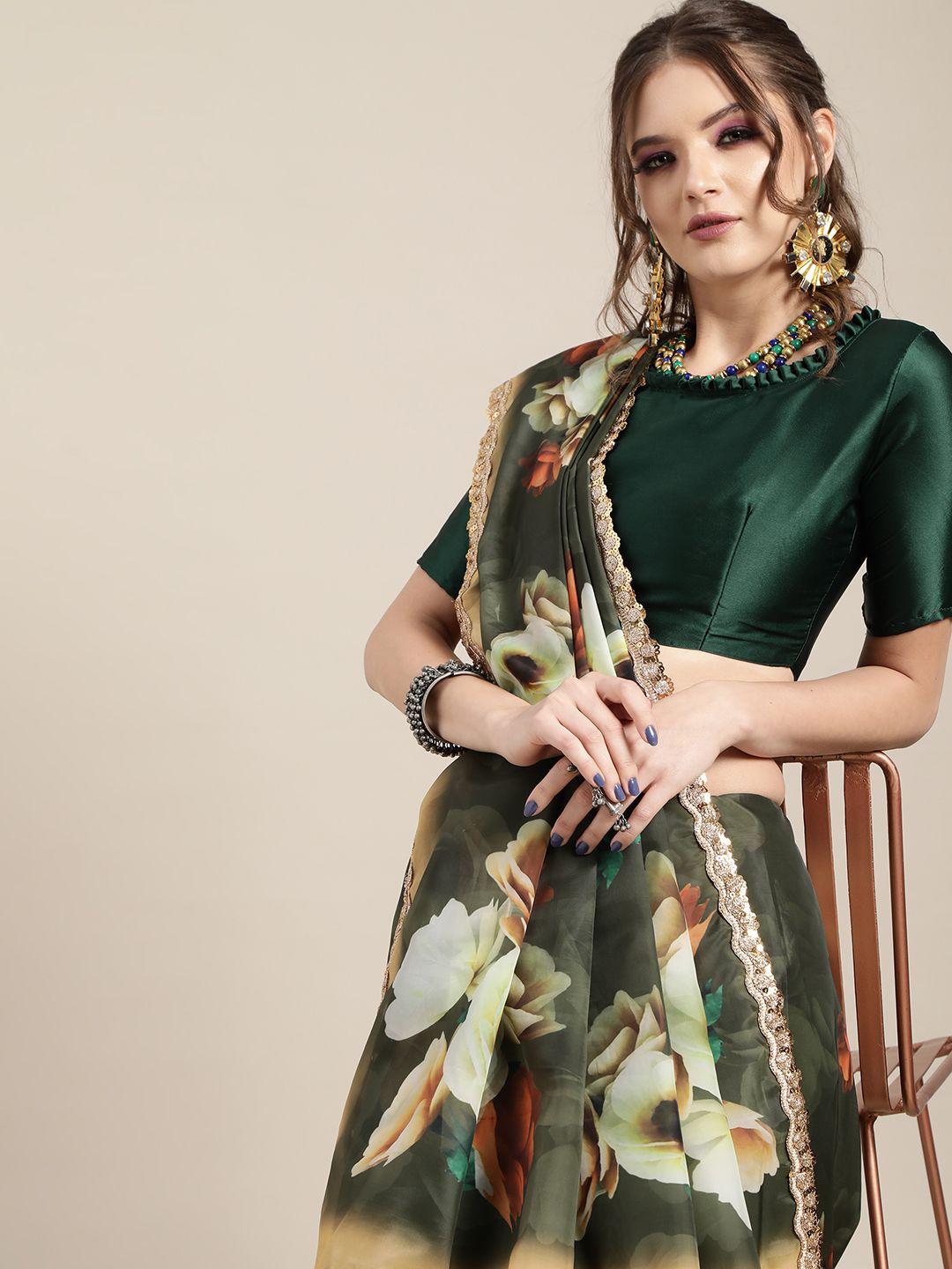 saree mall green & cream-coloured satin printed saree