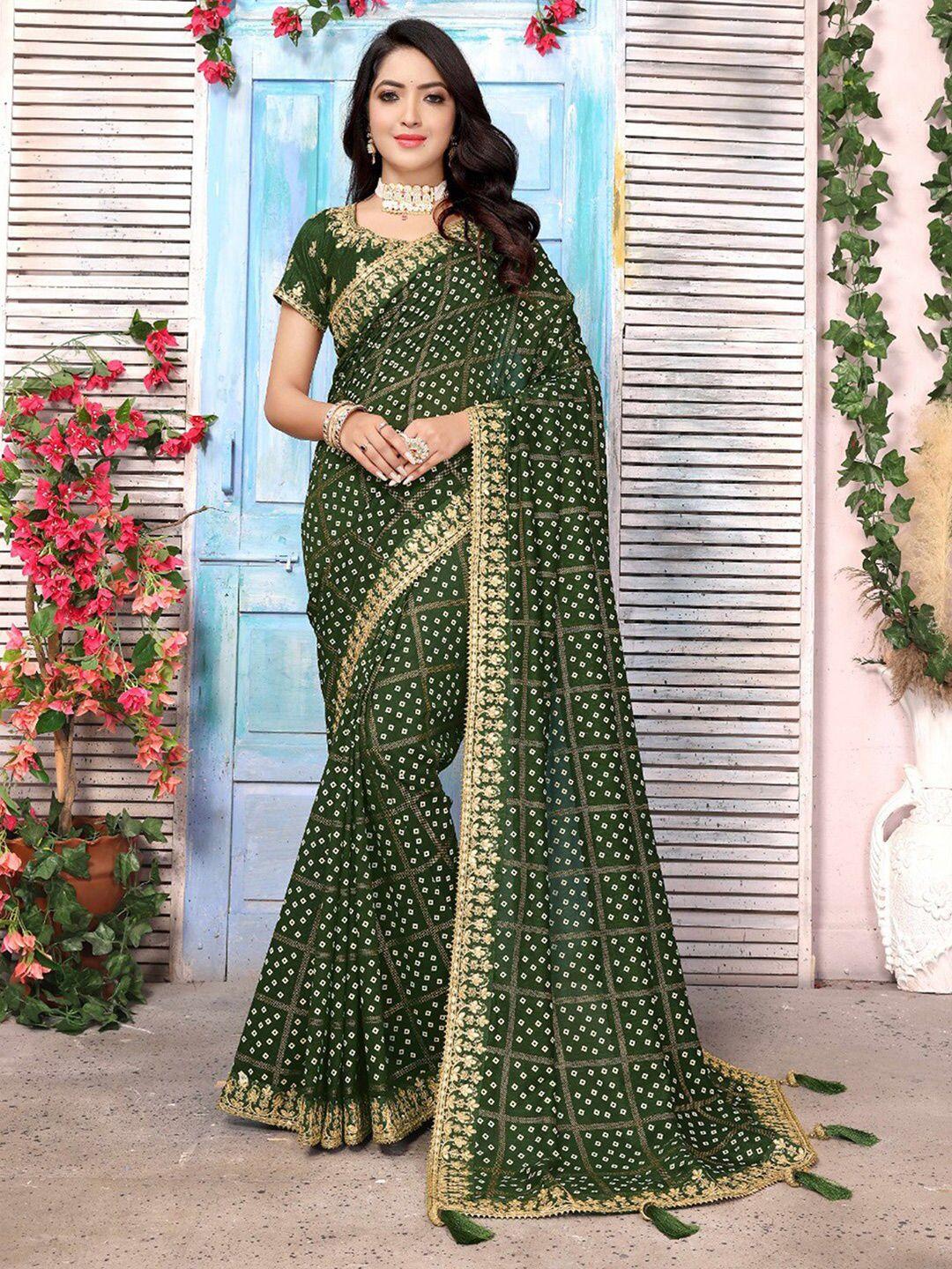 saree mall green & gold-toned bandhani printed embroidered silk blend bandhani sarees