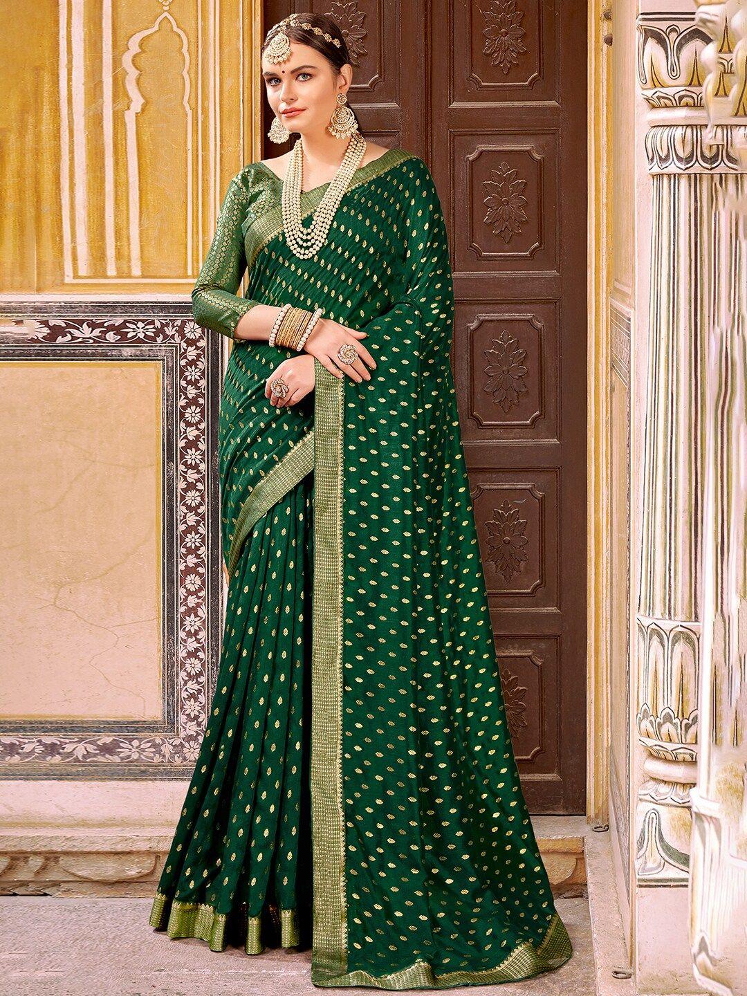 saree mall green & gold-toned ethnic motifs printed zari silk blend sarees
