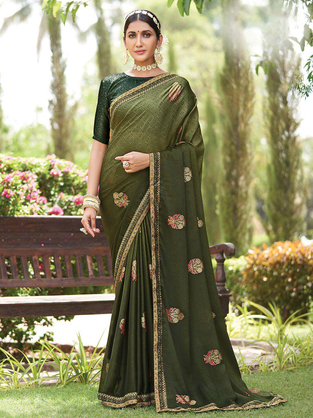 saree mall green & gold-toned ethnic motifs pure chiffon bagru saree