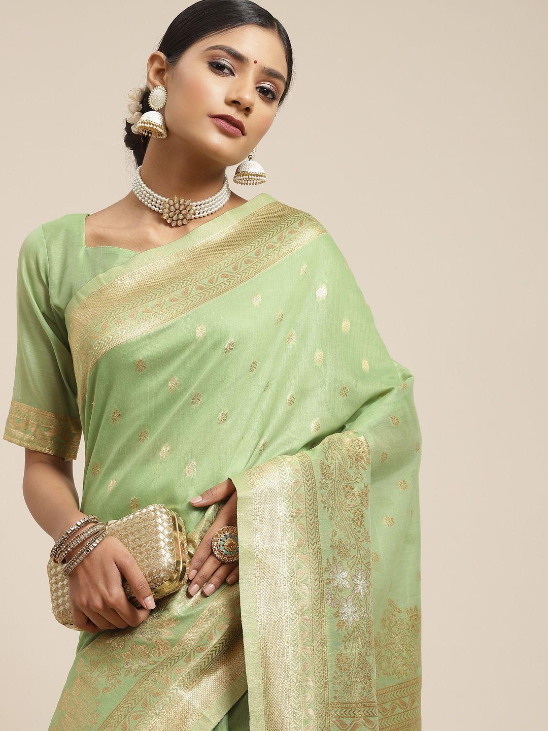 saree mall green & gold-toned ethnic motifs zari silk cotton banarasi sarees