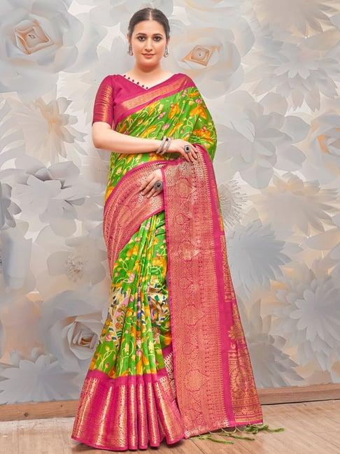 saree mall green & pink floral print saree with unstitched blouse
