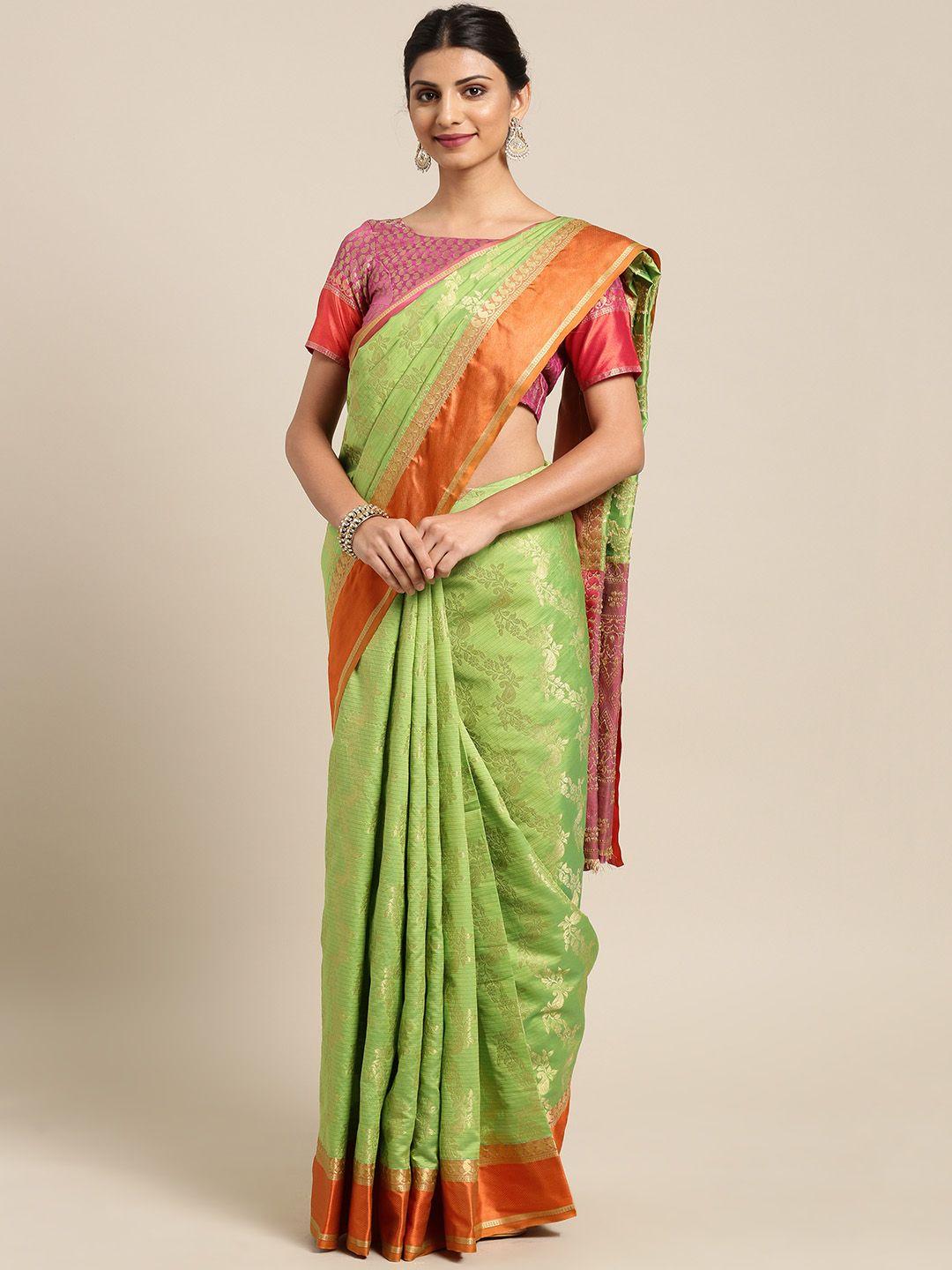 saree mall green & pink silk blend woven design banarasi saree & matching blouse