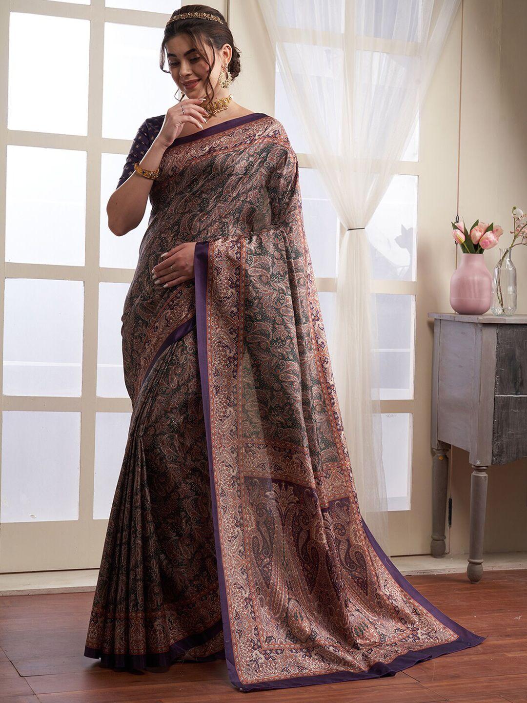 saree mall green & purple paisley printed saree