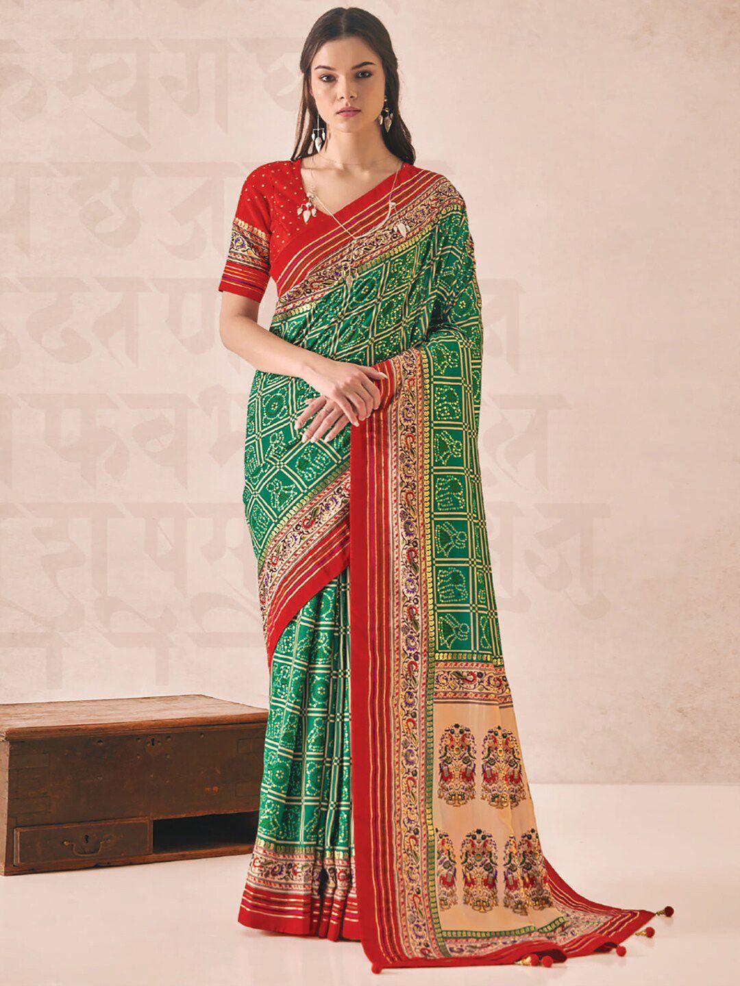 saree mall green & red bandhani printed saree