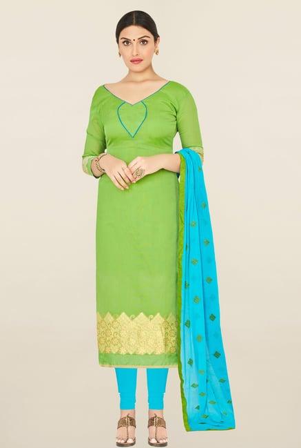 saree mall green & sky blue jacquard dress material