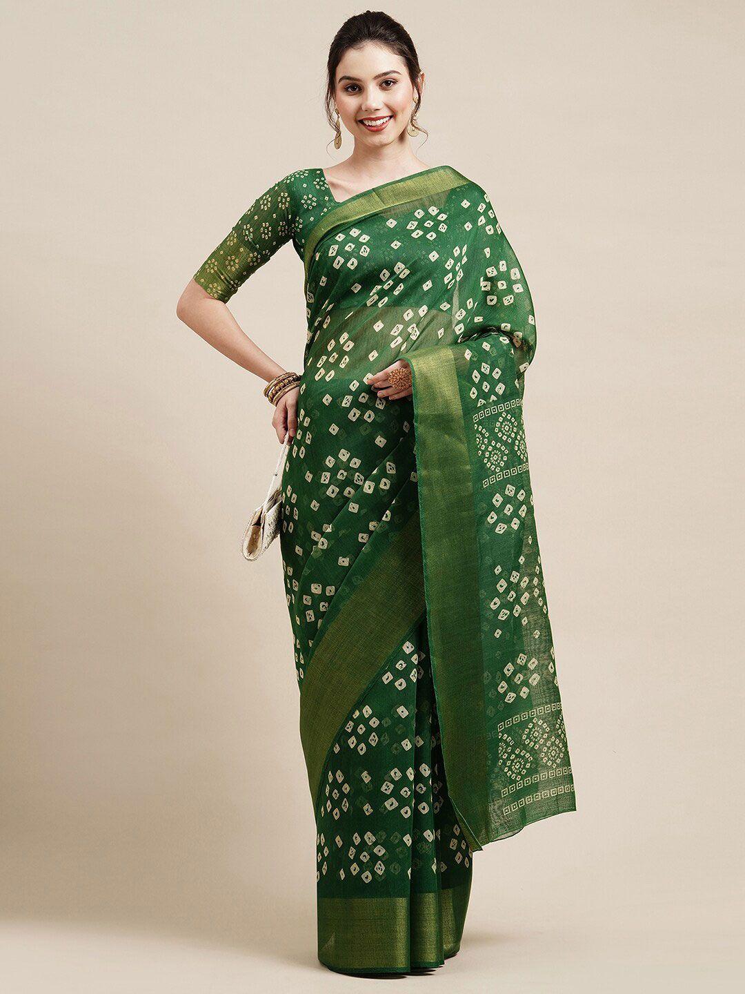 saree mall green & white bandhani printed zari linen blend bandhani sarees