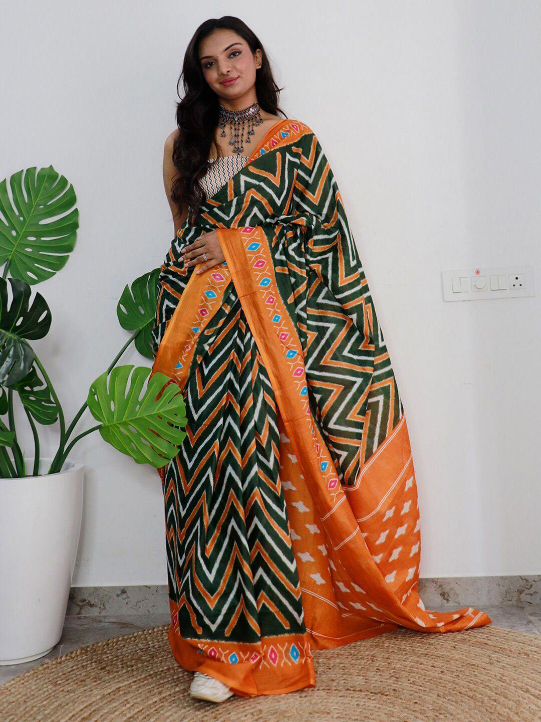 saree mall green & white geometric printed pure cotton ikat sarees