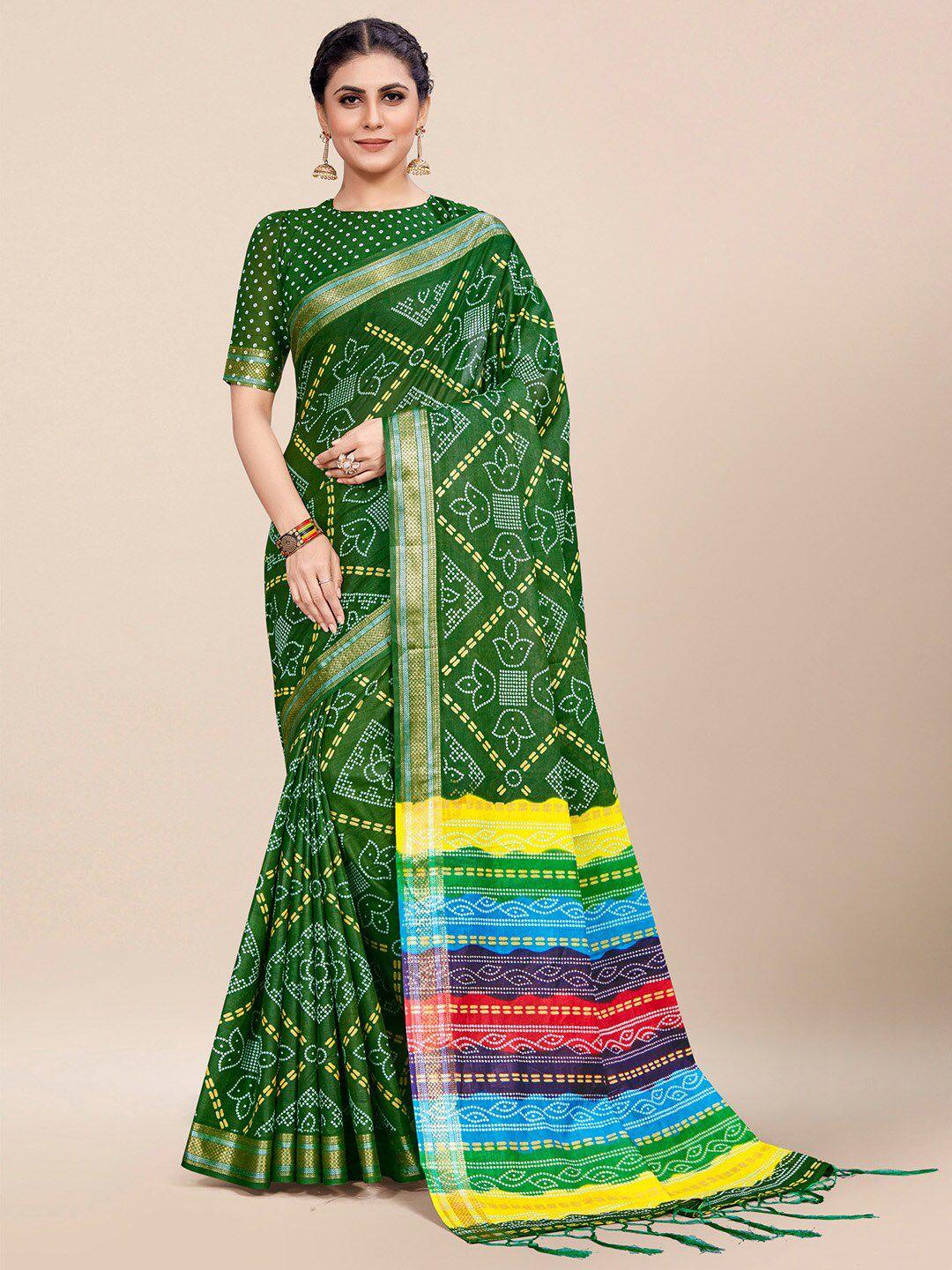 saree mall green & yellow bandhani zari pure cotton bandhani sarees