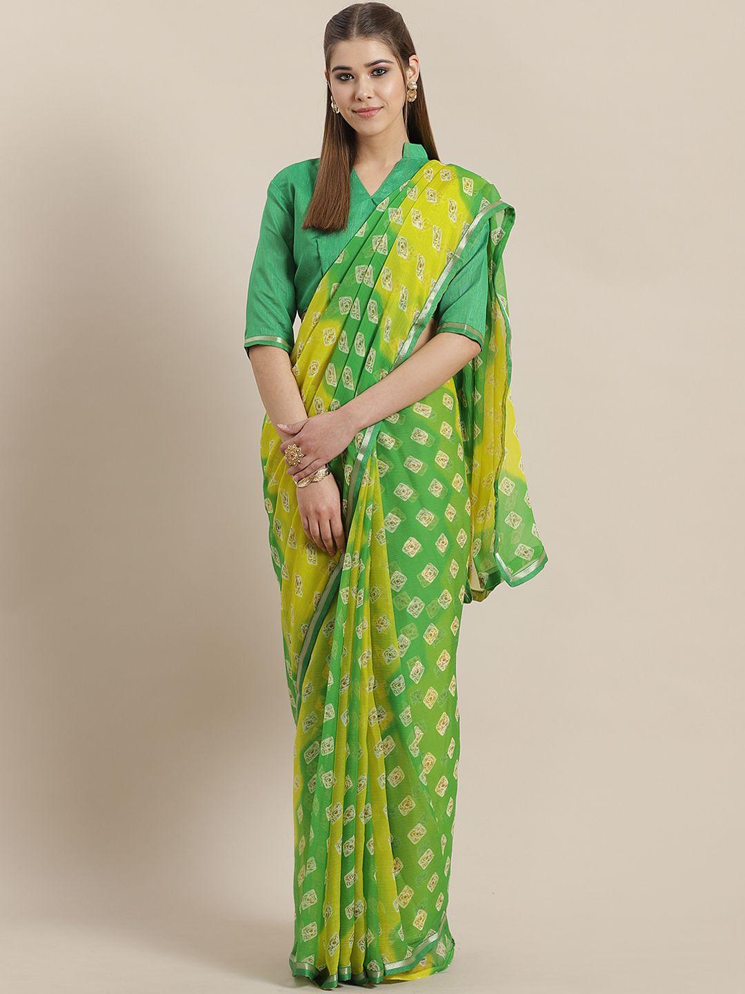 saree mall green & yellow printed bandhani saree