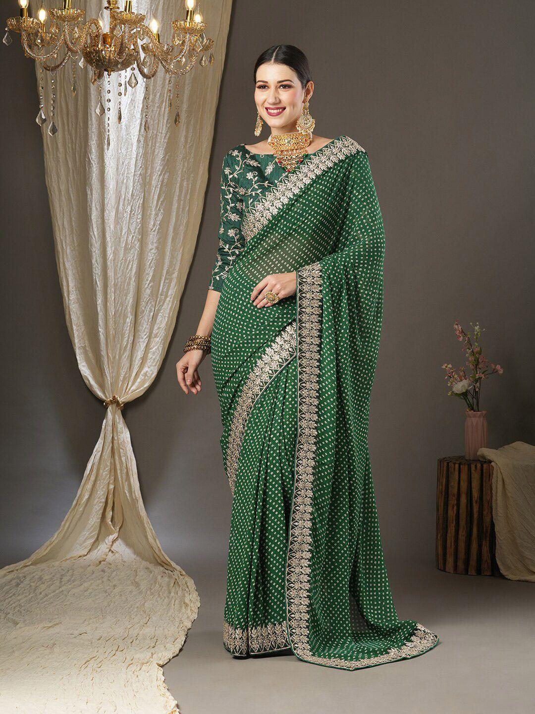 saree mall green bandhani printed embroidered border pure georgette sarees