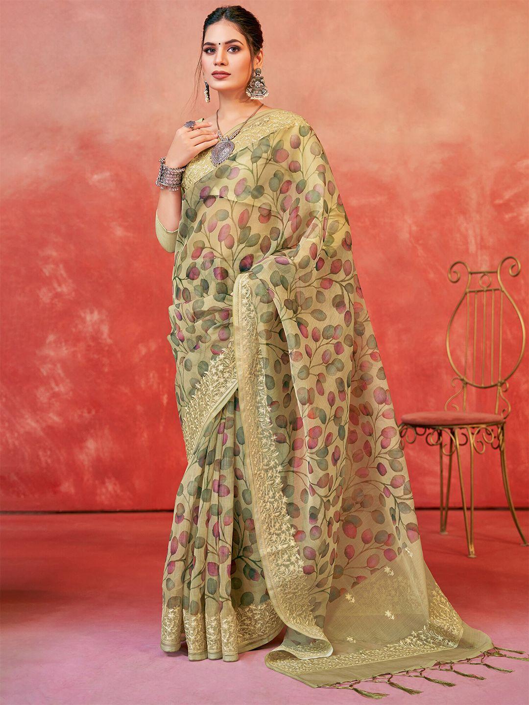 saree mall green floral printed and embroidered organza saree