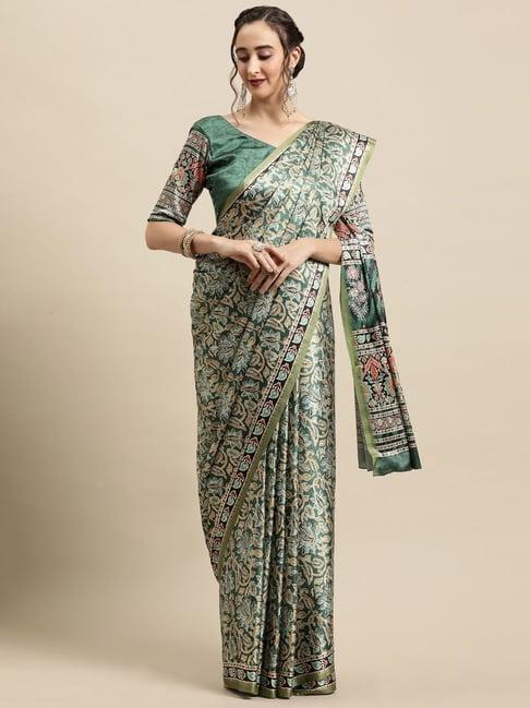 saree mall green printed saree with unstitched blouse