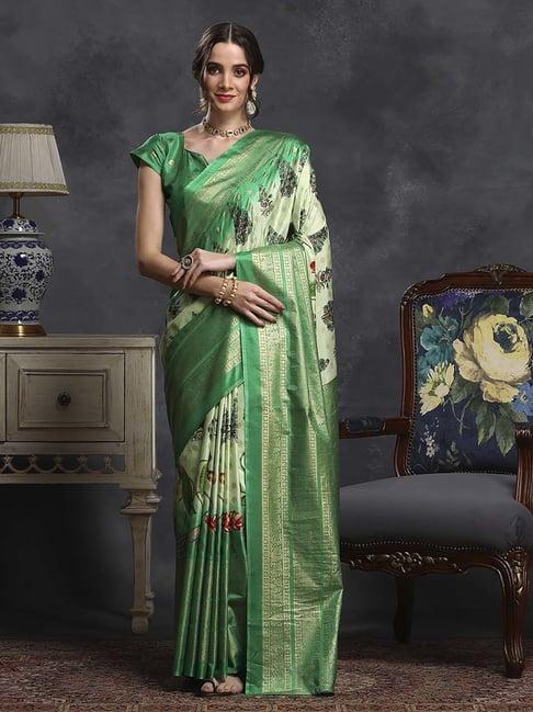 saree mall green silk printed saree with unstitched blouse