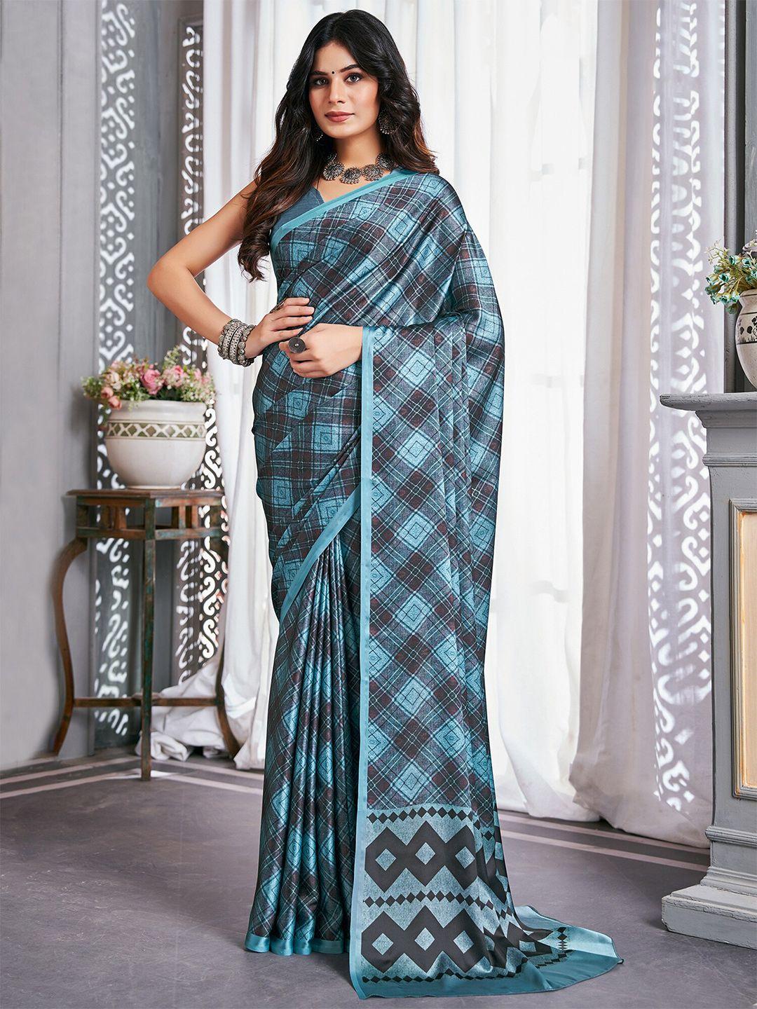 saree mall grey & blue checked block printed sarees
