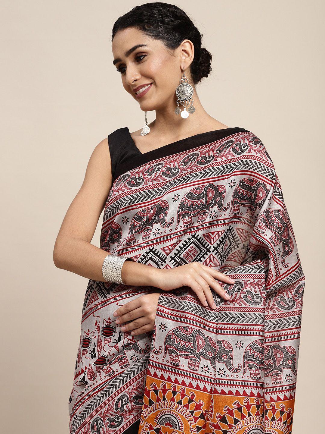 saree mall grey & maroon warli art print bhagalpuri sarees