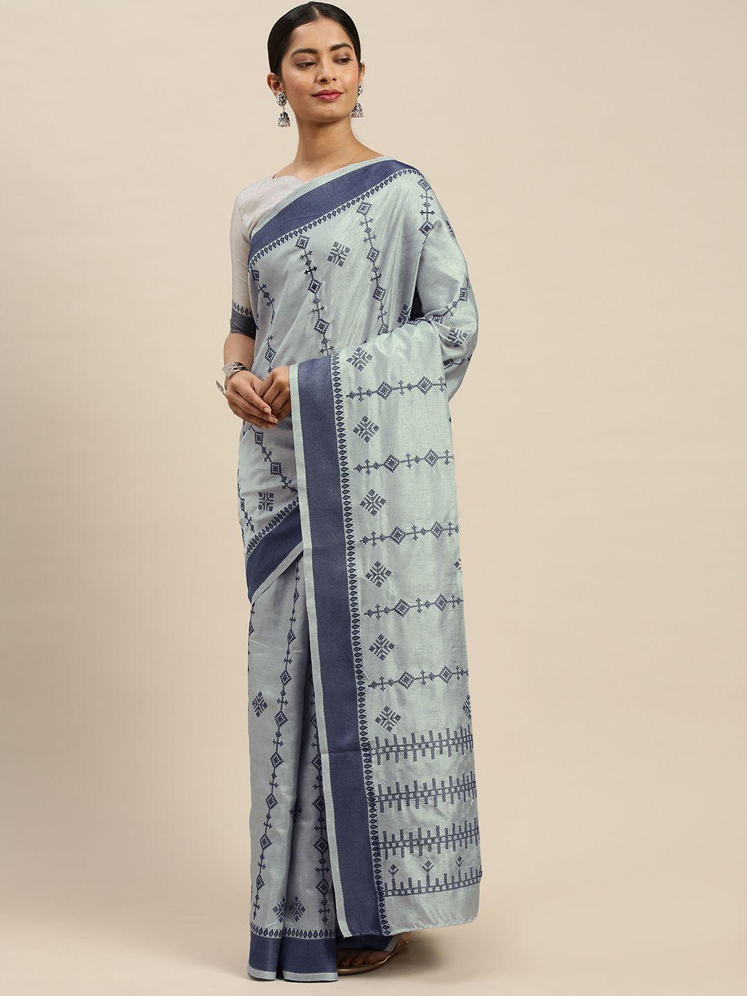 saree mall grey & navy blue embroidered saree