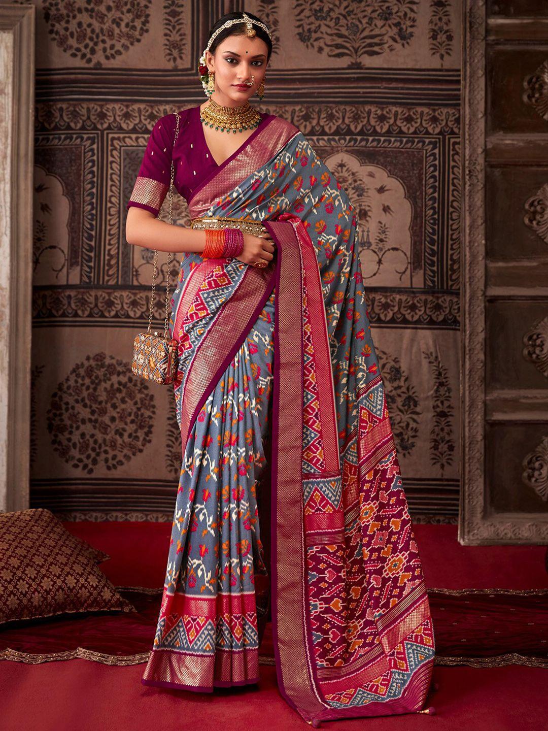 saree mall grey & pink ethnic motifs printed zari patola saree