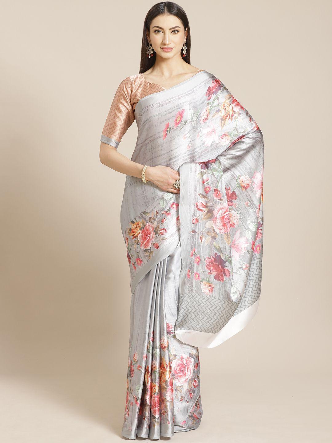 saree mall grey & pink floral print saree