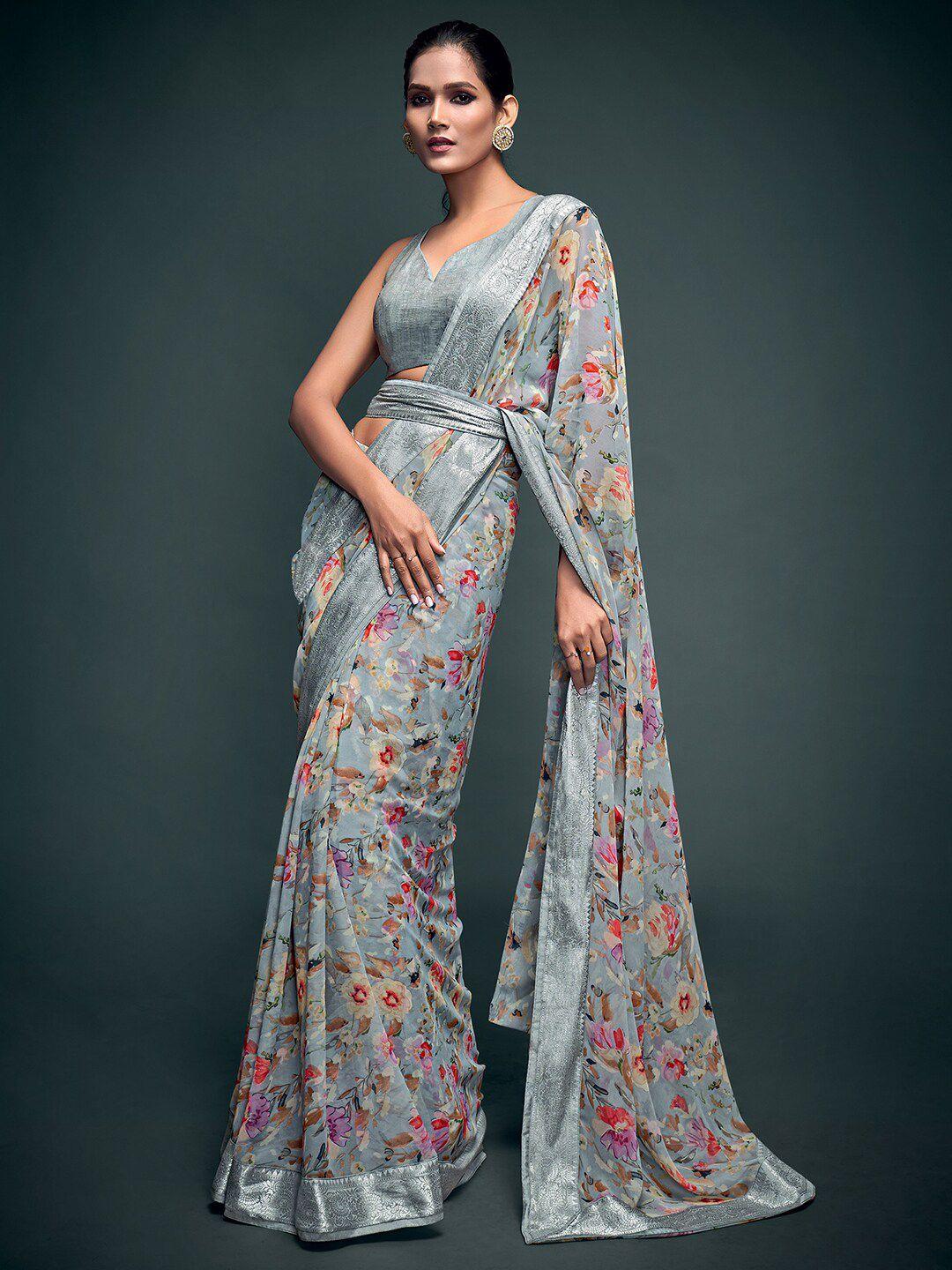 saree mall grey & red floral print pure georgette banarasi saree