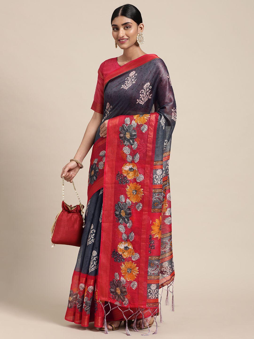 saree mall grey & red floral zari linen blend taant sarees