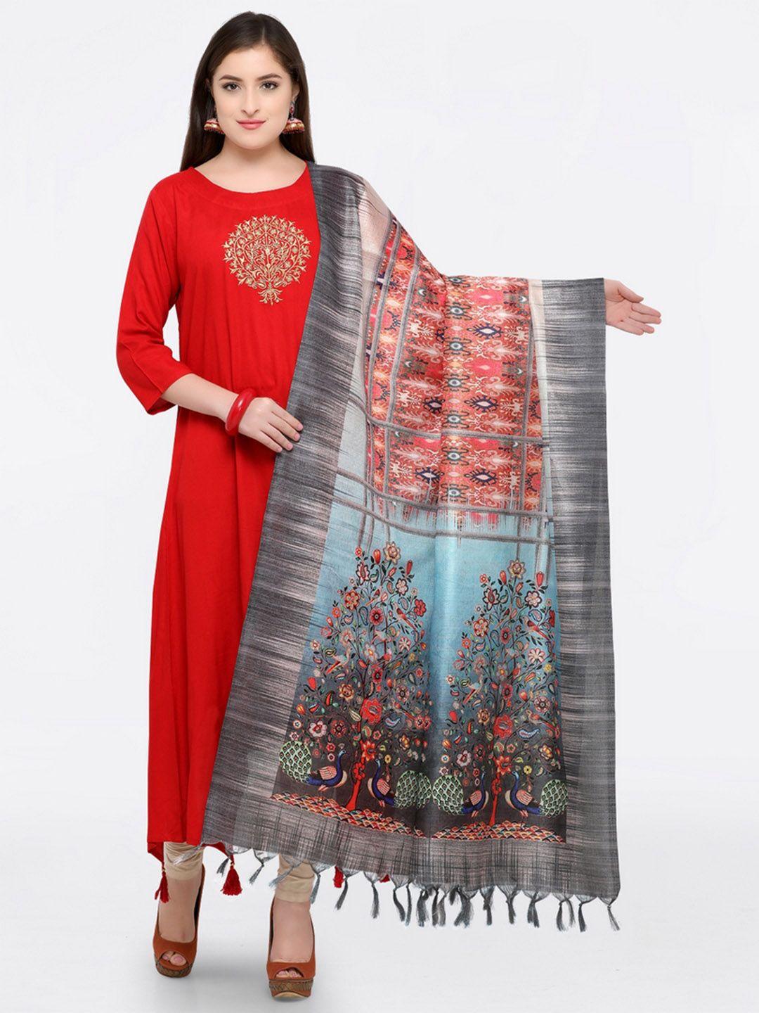 saree mall grey & red printed dupatta