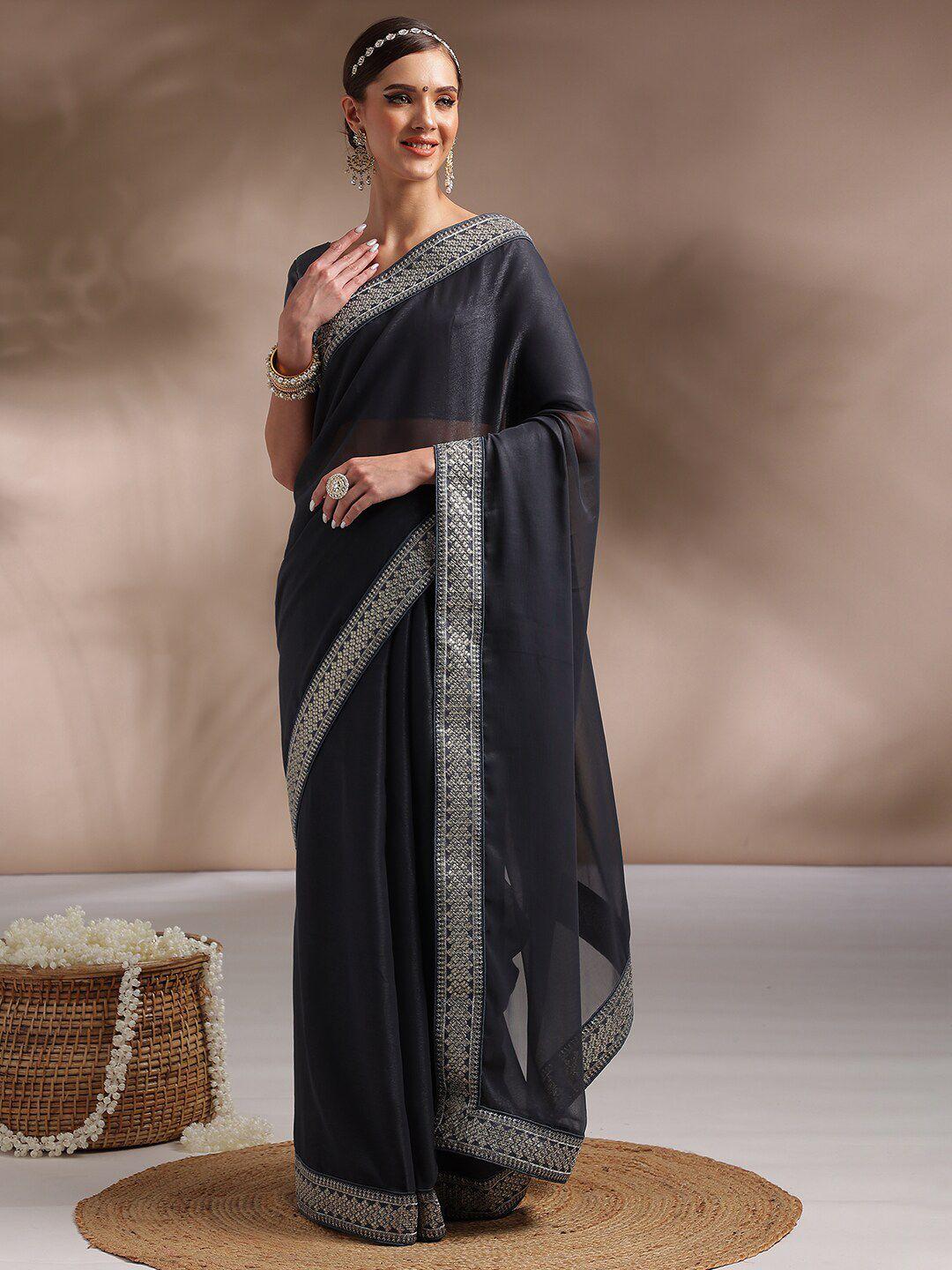 saree mall grey & silver-toned embroidered pure georgette sarees