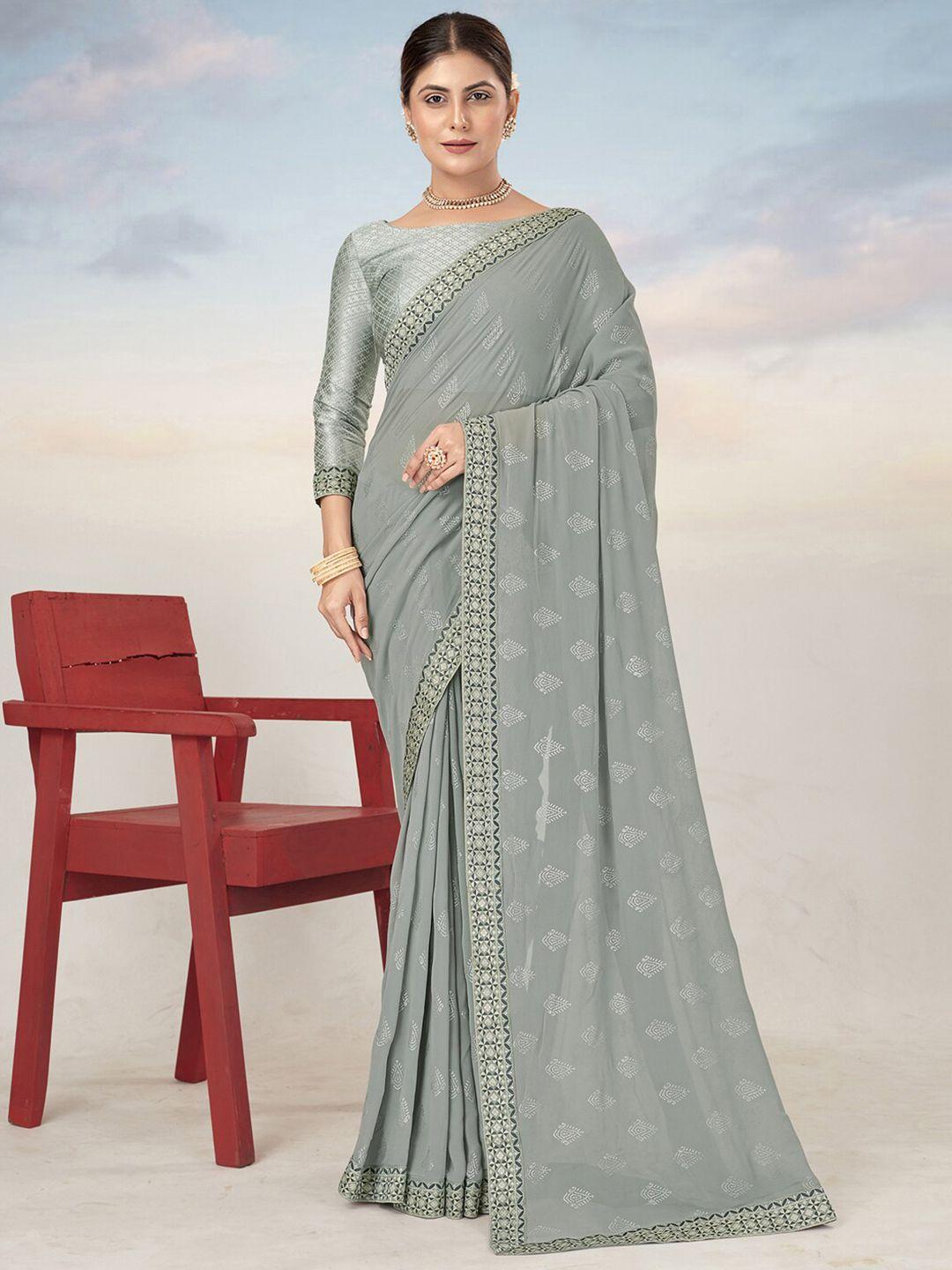 saree mall grey & white ethnic motifs printed pure georgette sarees