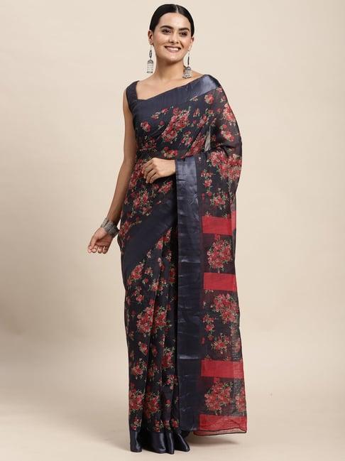 saree mall grey cotton silk floral print saree with unstitched blouse