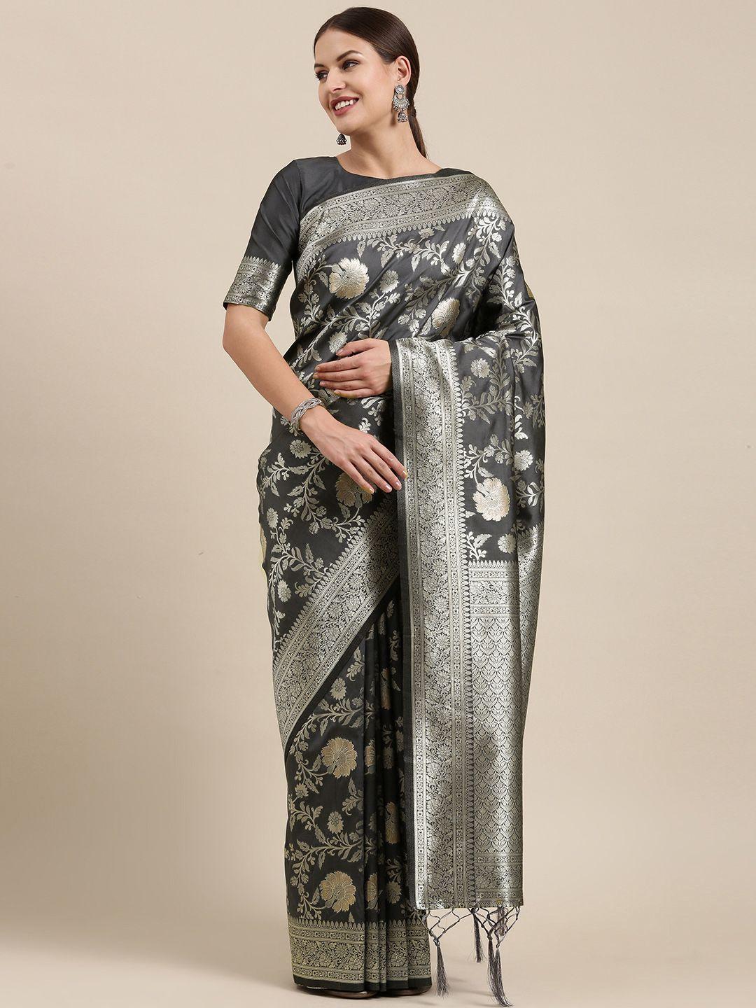 saree mall grey floral silk blend sarees