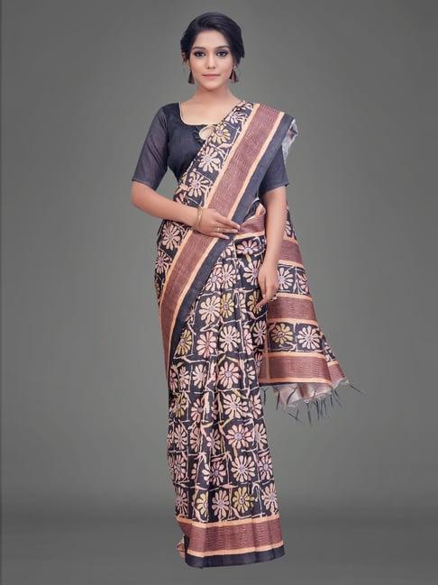saree mall grey silk floral print saree with unstitched blouse