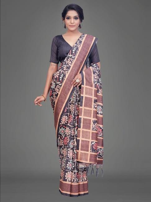 saree mall grey silk floral print saree with unstitched blouse