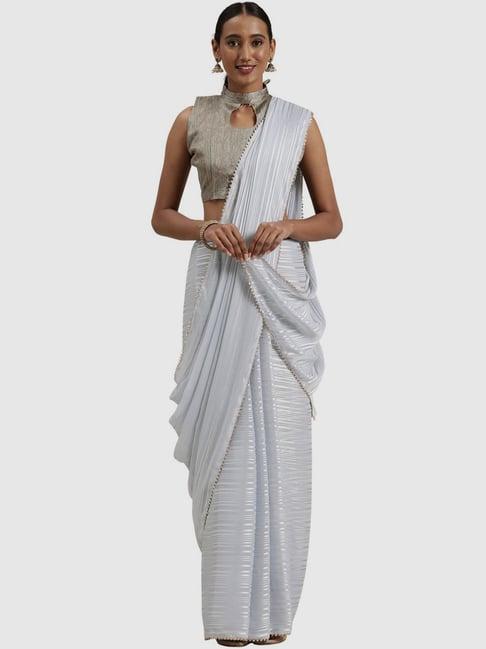 saree mall grey striped saree with unstitched blouse