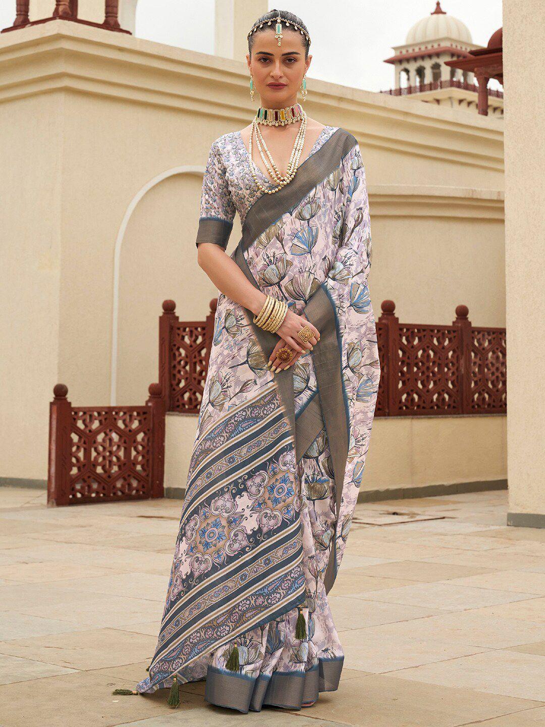 saree mall lavender & gold-toned floral zari silk blend sungudi sarees