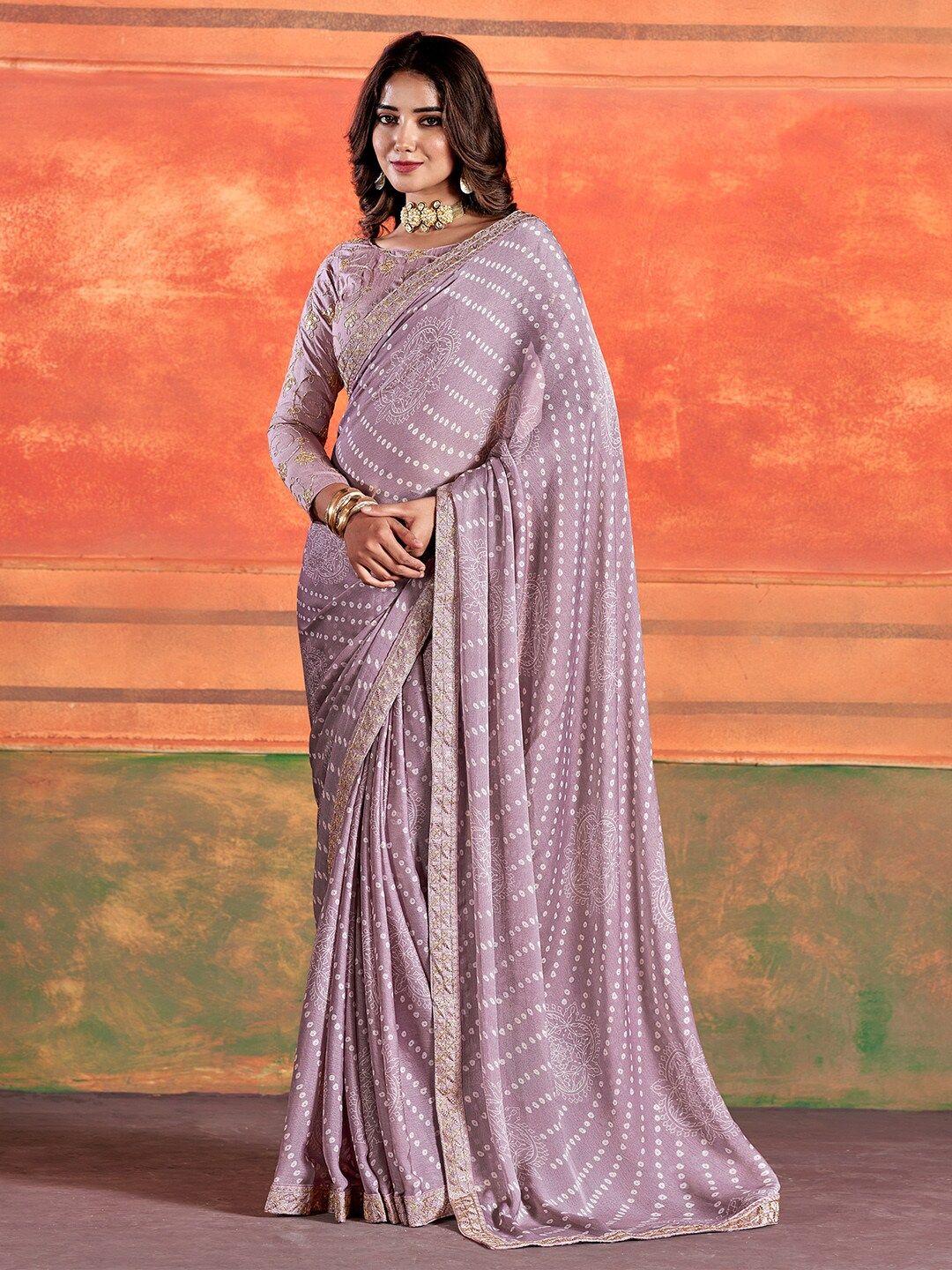 saree mall lavender printed embroidered pure chiffon bandhani sarees
