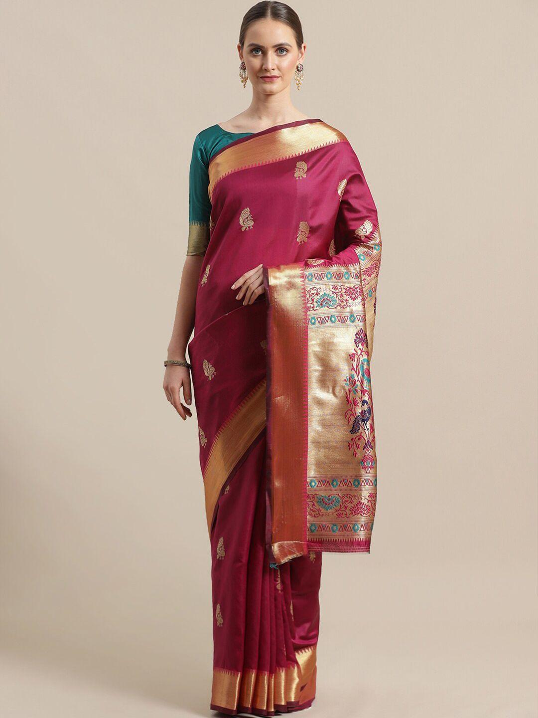 saree mall magenta & blue paisley silk blend sarees