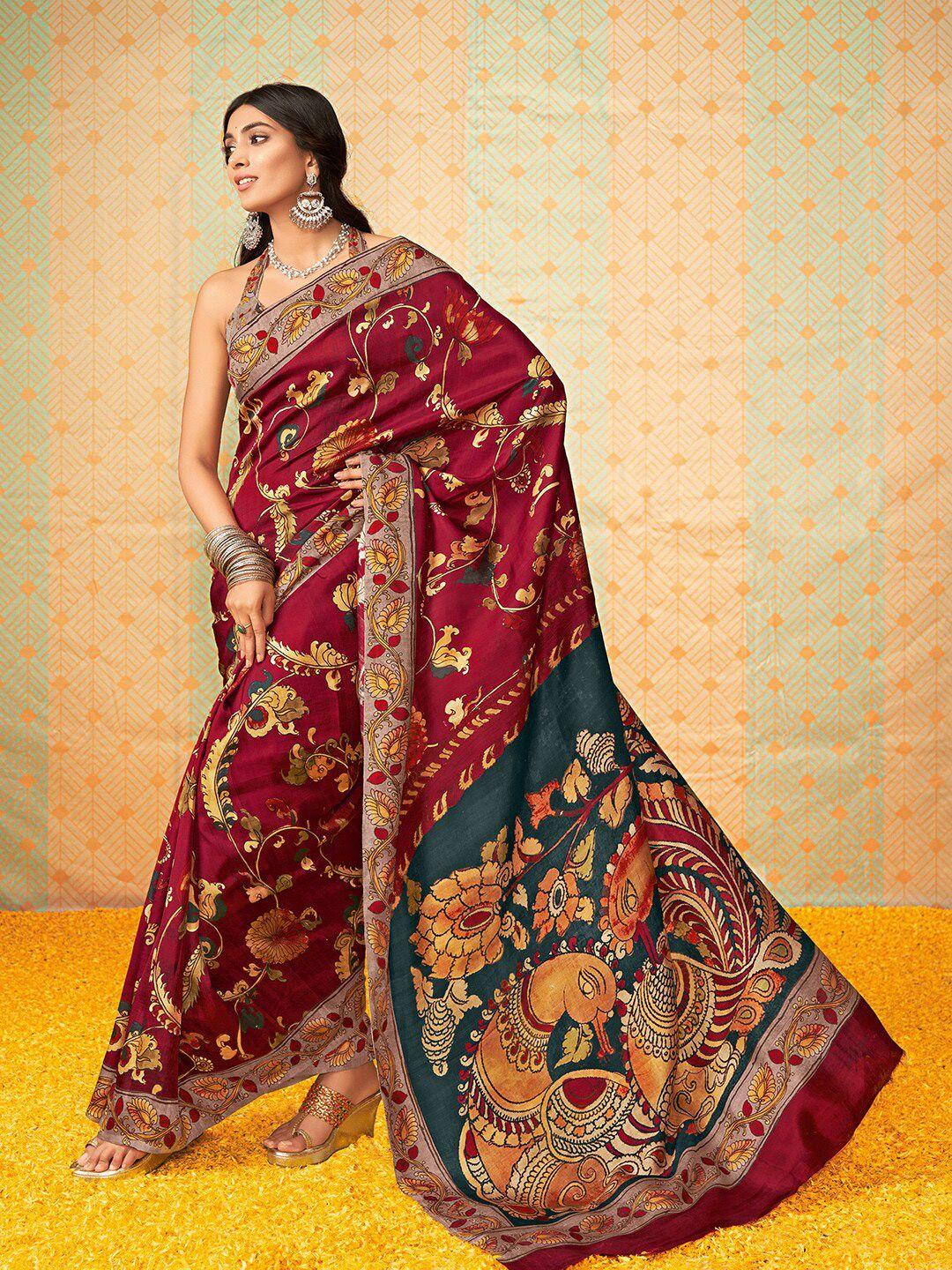 saree mall magenta & brown floral motifs dabu sarees