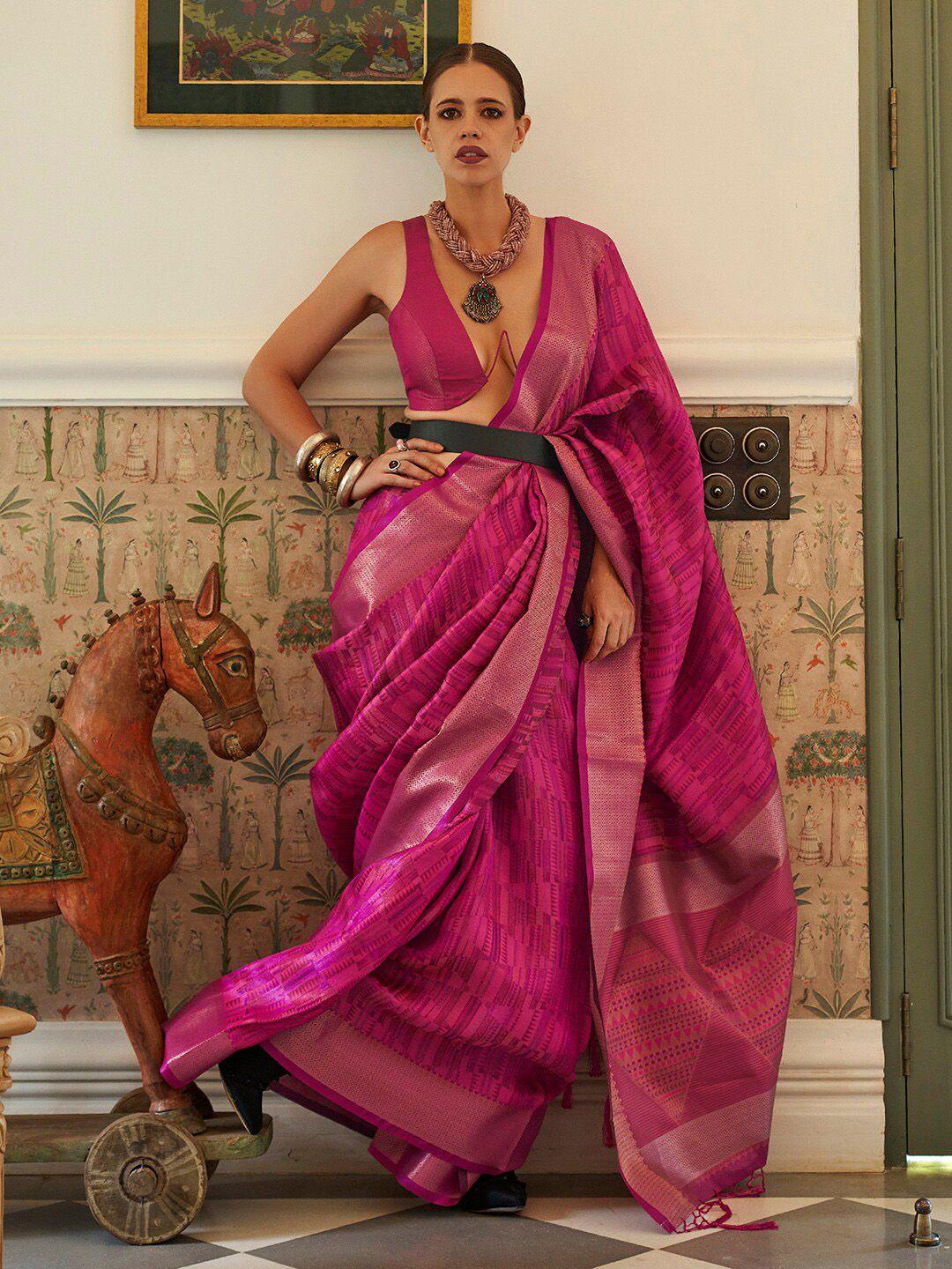 saree mall magenta & gold-toned ethnic motifs woven design zari banarasi sarees